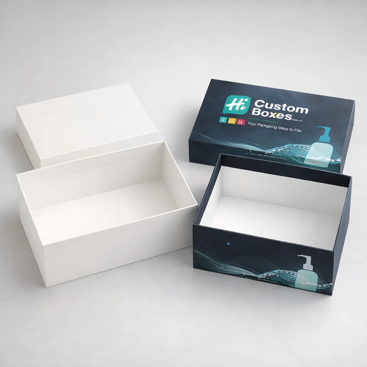 Two vertical soap dispenser boxes featuring a modern design with green botanical leaf patterns and text. class=